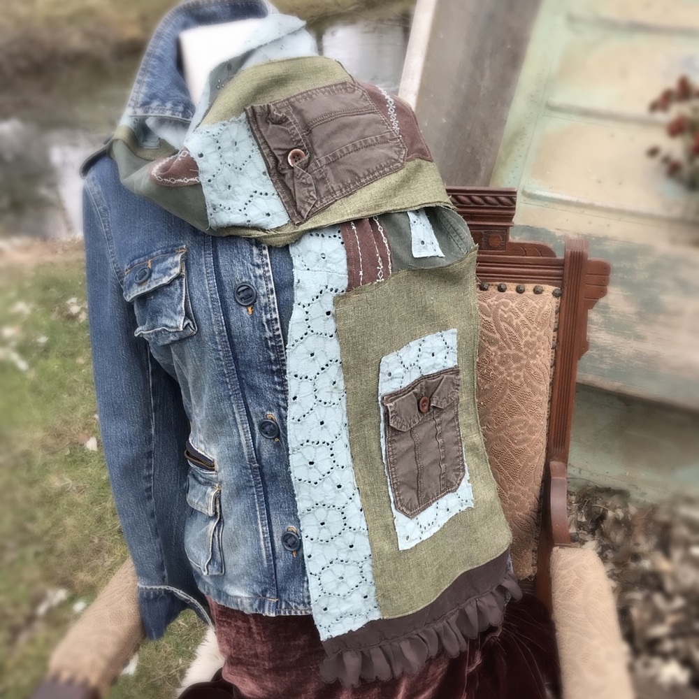 Aqua & Army Green Patchwork Upcycled Scarf